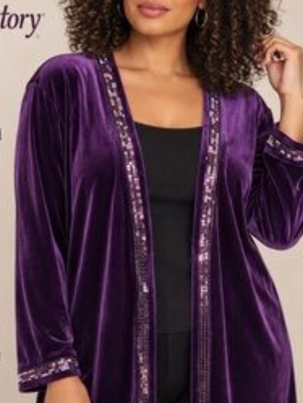Quacker Factory Purple Velvet Open Cardigan with Sequin Trim L